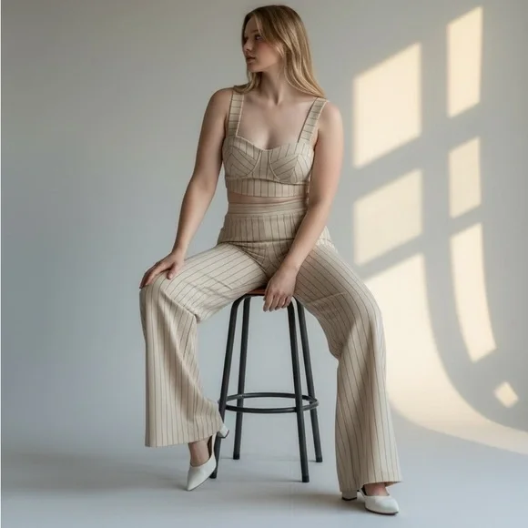 ❤️High-Rise Wide-Leg Pinstripe Pants - Beige - Picture 2 of 3